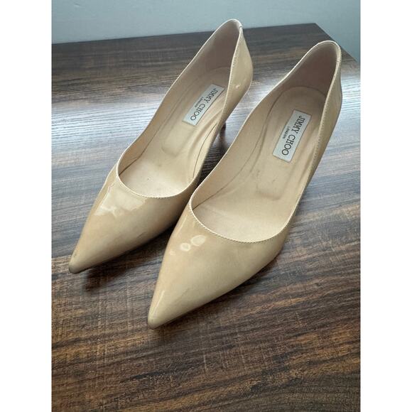 Jimmy Choo Romy Patent Leather Pointed Toe Kitten Heel Pumps in Nude - Picture 2 of 14